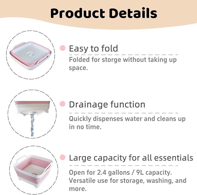 GIMWA Collapsible Wash Basin for Baby Bottles - 2.4 Gallons Portable Wash Bin for RV Camping Sink, Space-Saving Dish Tub (Pink)