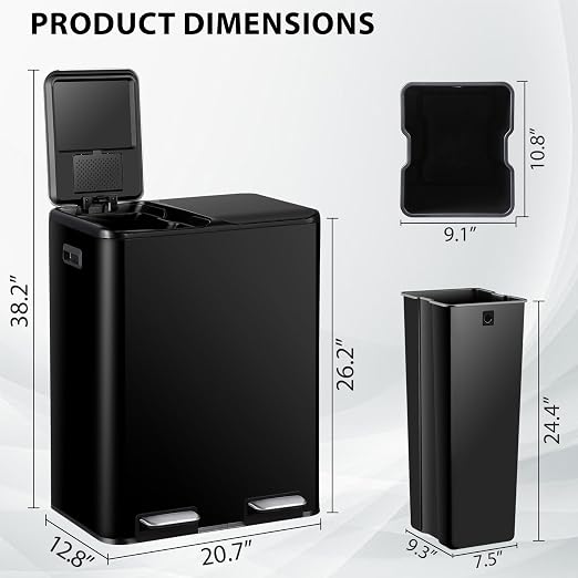 SUPER DEAL Kitchen Trash Can, 16 Gallon 60L Dual Garbage and Recycling Can with Foot Pedal for Kitchen, Living Room, Office, Removable Inner Buckets Soft Close Lid Odor Proof, Stainless Steel, Black