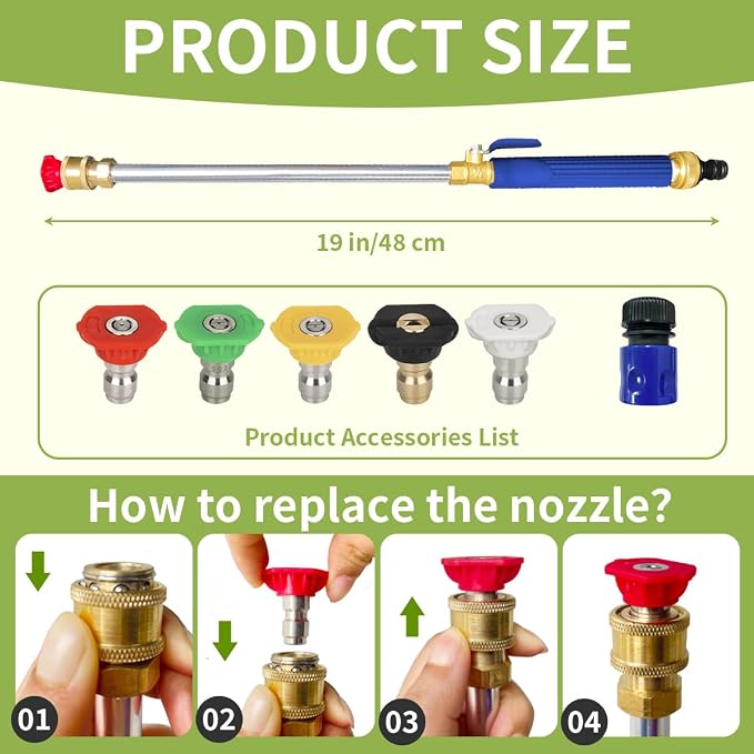 High Pressure Hose Nozzle for Garden Hose,Leak-Free Jet Wand with 5 Nozzles | Heavy Duty Brass Water Jet Nozzle for Car Wash, Patio, Driveway, Lawn & Garden Cleaning with Leak-Free Design
