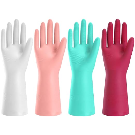 KAQ Reusable Rubber Cleaning Gloves: 4 Pairs Latex Free Non-Slip Household Kitchen Gloves for Washing Dishes
