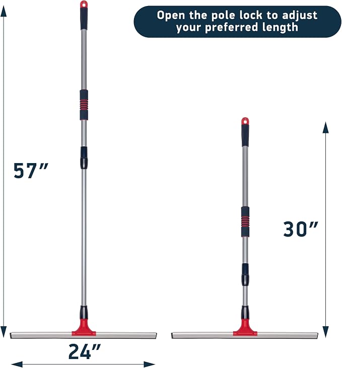 Professional Floor Squeegee for Concrete Floor, 24" Large Heavy Duty Squeegee for Floor, Squeegee Broom for Floor with Telescopic Handle 30”–57” for Tiles, Garage, Deck, Bathroom, Window