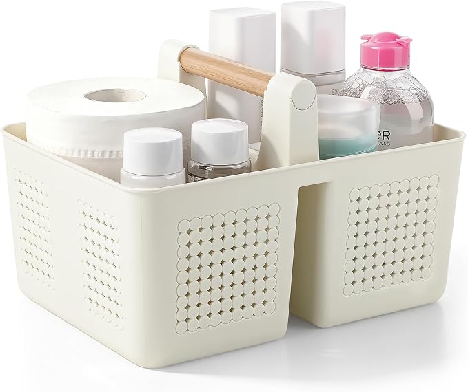 JiatuA Portable Shower Caddy Basket Plastic Caddy Organizer Small Beige | Sturdy Drainage Large Capacity Cleaning Supplies Caddy Tool Storage for Bathroom Kitchen Bedroom College Dorm Essentials