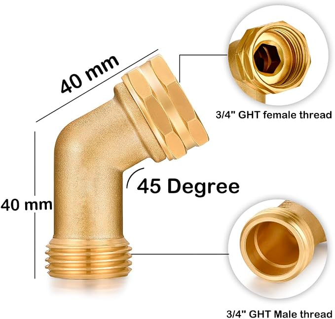 SIGURANTA Garden Hose Elbow Connector 45 Degree Solid Brass 3/4", 1 Pack | Solid brass 45° elbow with 3/4" GHT thread, stops hose kinks, leak-free flow for yard, car wash & balcony irrigation