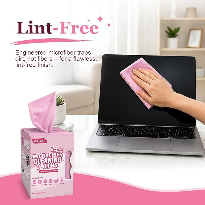 Microfiber Cleaning Cloth, 75 Sheets Microfiber Towels for Cars | Commercial Grade Washcloths Lint-Free Bulk Shop Towel Cleaning Rags for Household Restaurant Garage, 11"x 9", Pink