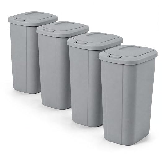 Hefty 13.3 Gallon Trash Can with Lid, Plastic Garbage Can Touch Button, Kitchen Waste Basket for Home Office, Large Capacity Trash Bin, 4 Pack, Grey