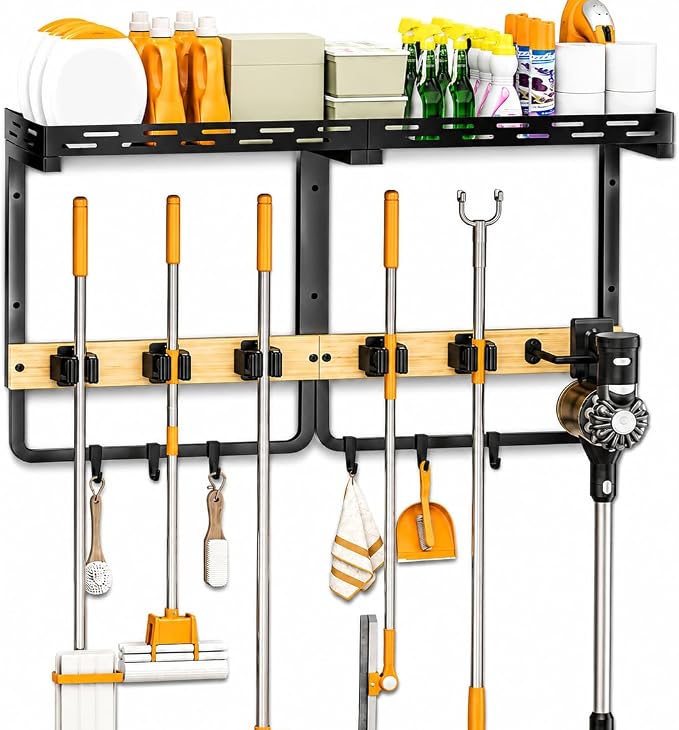 Mop and Broom Holder Wall Mount with Shelf,Vacuum holder,5 Grips,6 Hooks | 3-in-1 Cleaning Supply Wall Organizer,Top Shelf with Railing,Storage Rack for Laundry Utility Garages Kitchens,