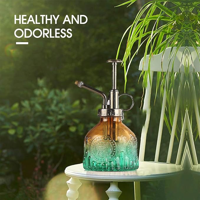 Glass Plant Mister Spray Bottle Indoor Watering Can 6.4inch Tall with Bronze Plastic Top Pump Vintage Small Plant for Outdoor Garden Succulent Flower