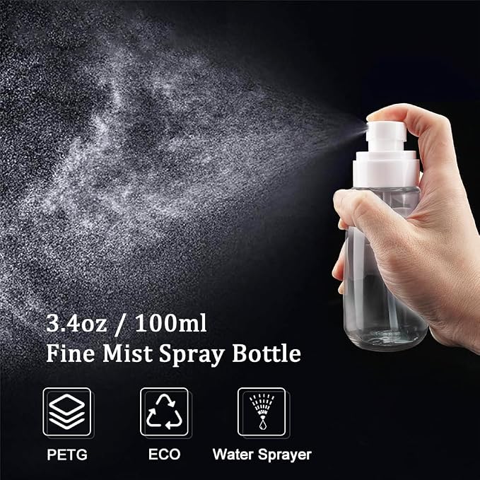 Fine Mist Spray Bottle TSA Approved 3.4oz 100ml 3 Pack Empty Cosmetic Refillable Travel Containers Plastic Spray Bottle for Perfume Essential Oils Toners Rose Water Cosmetics (3Clear)