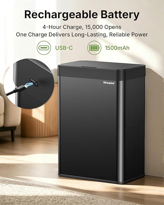 13.2 Gallon Automatic Kitchen Trash Can, Touchless Sensor Garbage Can,Black | Built‑in 1500mAh Rechargeable Battery,Stainless Steel Motion Sensor Trash Can, Silent Close Lid Smart Trash Bin for Home