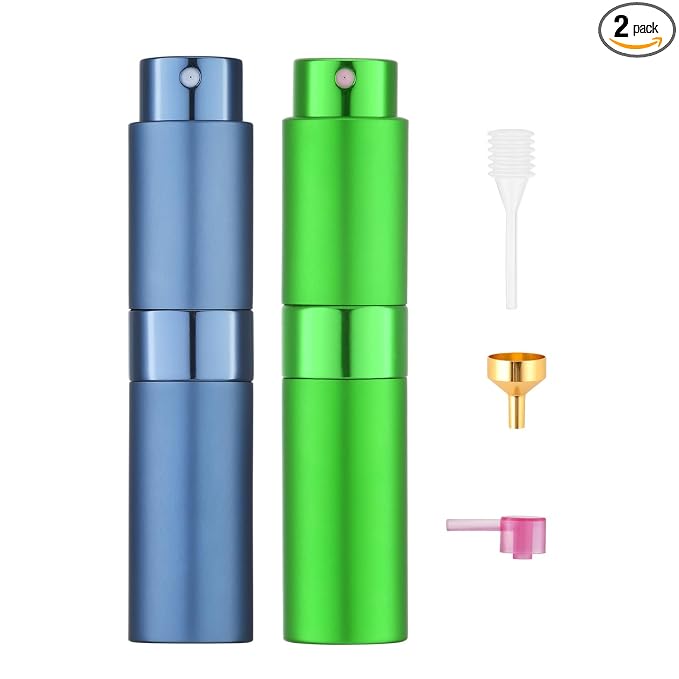Tekson Travel Perfume Atomizer Refillable, 8ml Spray Bottle, Cyan&Green | Mini size cologne sprayer, empty fragrance container, fine mist, twist up, leak-proof, portable, for men & women, TSA