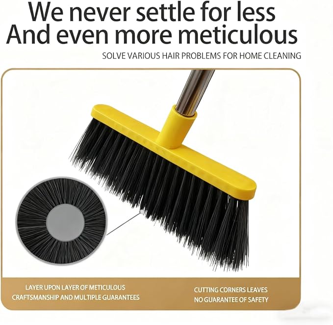 Broom and Dustpan Set with Long Handle - Upright Dustpan & 3 Rows Dense Bristles, Ideal for Home, Office, Kitchen, Lobby, Shop, All-Purpose Indoor & Outdoor Sweeping,Gray&Yellow
