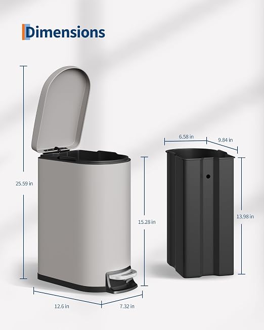 GarveeHome 2.6 Gallon Bathroom Trash Can, Space-Saving Slim Stainless Steel Step-On Garbage Bin with Soft Close Lid, Removable Inner Bucket for Bathroom & Bedroom,Grey