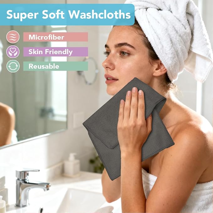 Orighty Washcloths, 5 Pack Microfiber Face Towels, 12x12 Inch Grey | Highly Absorbent & Soft Feel, Multi-Purpose Wash Cloths & Hand Towels for Bathroom, Hotel, Spa, and Gym