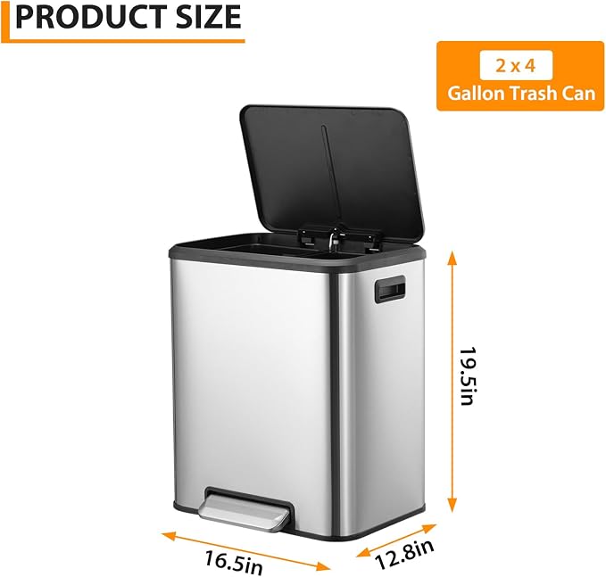 IDEALHOUSE 2 x 4 Gal (2 x 15L) Kitchen Dual Trash Can, 30 Liter Stainless Steel Recycling Bin, Removable Inner Bin and Soft Close Lid, Garbage Can for Home, Office, Business - Silver