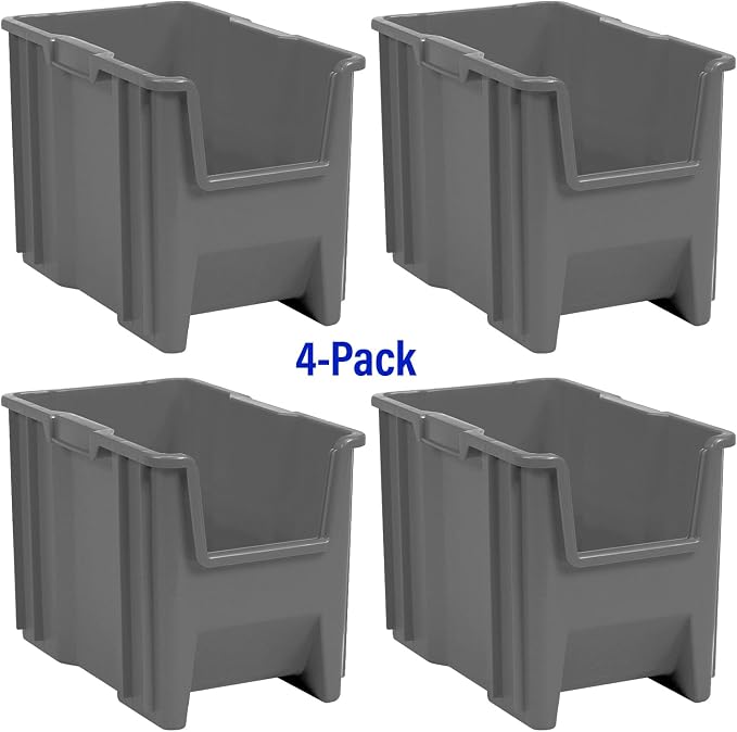 Akro-Mils 13014 Stak-N-Store Stackable Storage Bins, Heavy Duty Garage Storage Containers, Open Front Plastic Organizer for Tools, Shelves, Closet Organizer, 17-/12" x 11" x 12-1/2", Grey, 4-Pack