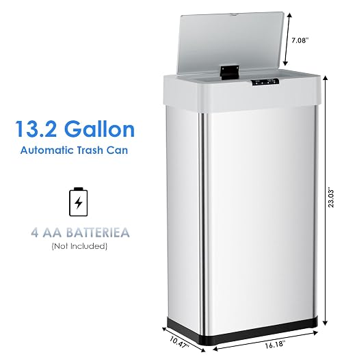 Sensor Trash Can, Touchless Motion Sensor Trash Bin | Smart Automatic Garbage Can with Soft-Close Lid, Bag Retainer Ring and Display Light, for Kitchen, Office (Silver, 13.2 Gal)