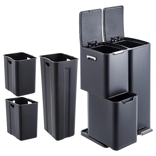 TrailBlaze Triple Compartment Stainless Steel Trash & Recycling Bin Combo – 16 Gallon, Removable Inner Buckets, Collapsible Foot Pedal – Kitchen, Home, Office, Indoor Use
