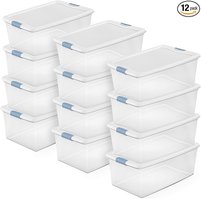 Sterilite Latching Box with Lids for Home and Office, 106 Quart, 12-Pack | Heavy-Duty and Stackable Plastic Containers with Latches for Closet, Cabinet, Bedroom, Bathroom and Dorm Room Organization