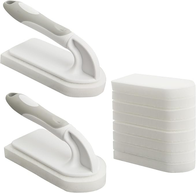 Yocada Handheld Cleaning Scrub Brush Set 2 Pack | Total 10 Hook-Shaped Scouring Pads Heavy Duty Cleaning Pads for Stubborn Stains Bathroom Kitchen Sink Tile Grout Clean