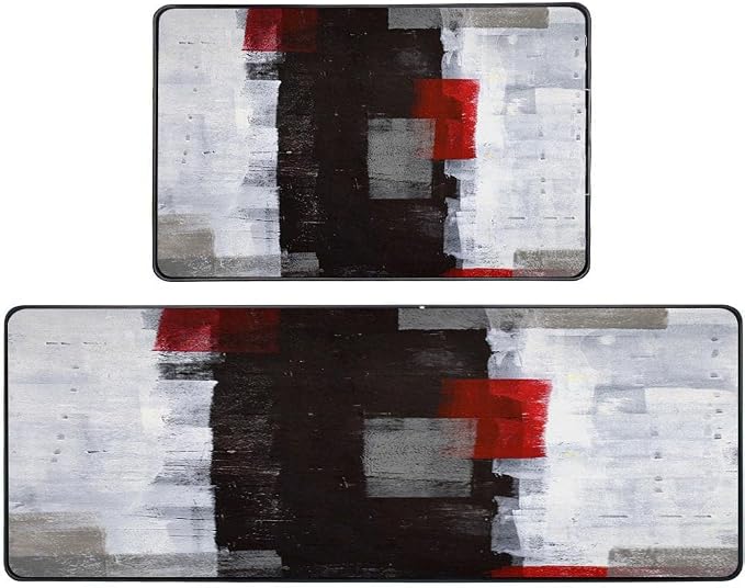 TOMWISH Area Rugs Red and Grey Abstract Art Painting Farmhouse Kitchen Rug | 20"X48"+20"X30"Kitchen Rugs Washable Non Skid Decorative Kitchen Mats Set of 2 for Kitchen Dining Room Floor Sink Laundry