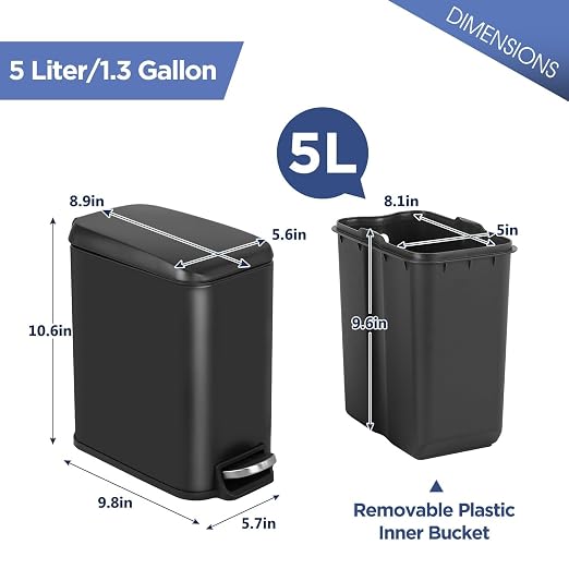 1.3 Gallon Small Kitchen Trash Can, Stainless Steel, Removable Plastic Inner Bucket Lid, Foot Pedal, for Bathroom