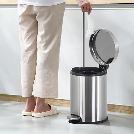 Trash Can, Mini Stainless Steel 6 Liter/1.6 Gallon Bathroom Trash Can Step Garbage Can Round Trash can with Lid w/Removable Inner Bucket Waste Basket for Bathroom Kitchen Office