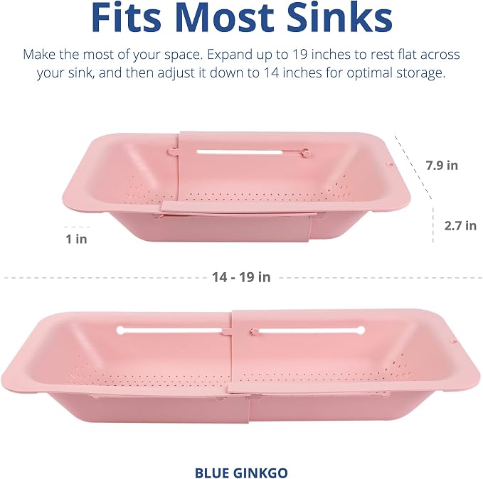Blue Ginkgo Over Sink Colander, Extendable Kitchen Strainer, 2-Pack, Pink