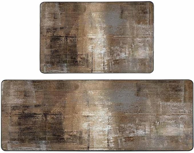 TOMWISH Brown Grey Kitchen Mat 2 Pcs Kitchen Rugs and Mats 17"X48"+17"X24" | Cushioned Kitchen Rug Non Skid Washable for Kitchen Dining Room Floor Home Office Sink Laundry Kitchen Decor and Accessories