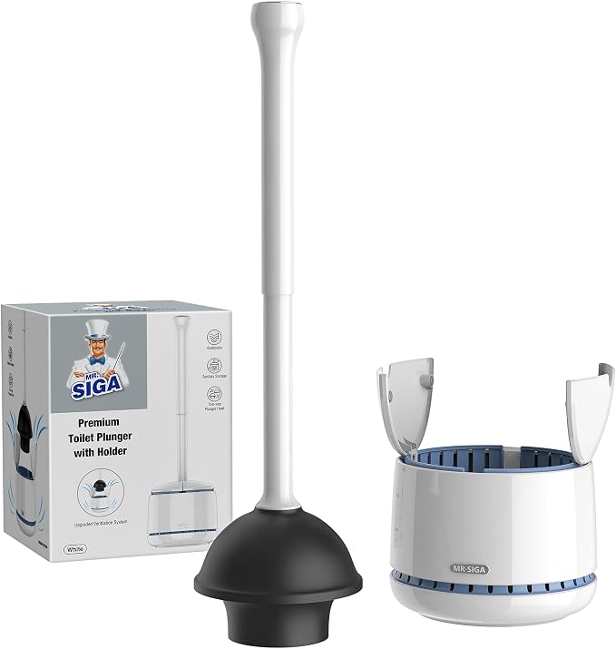 MR.SIGA Toilet Plunger with Holder, Plungers for Bathroom Heavy Duty, White | Automatic lid design, sturdy long handle, heavy duty toilet plunger and holder set, toilet clog remover