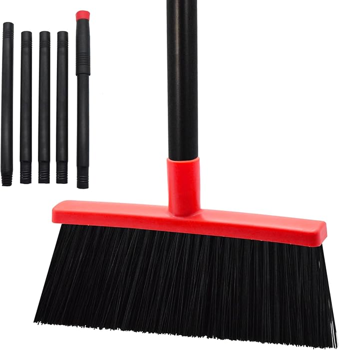 Small Broom Stiff Bristles Brush with Long Handle Indoor or Outdoor Compact Broom for Sweeping Patio Garage Garden,Deck,Concrete Floor,Bathroom (Red)