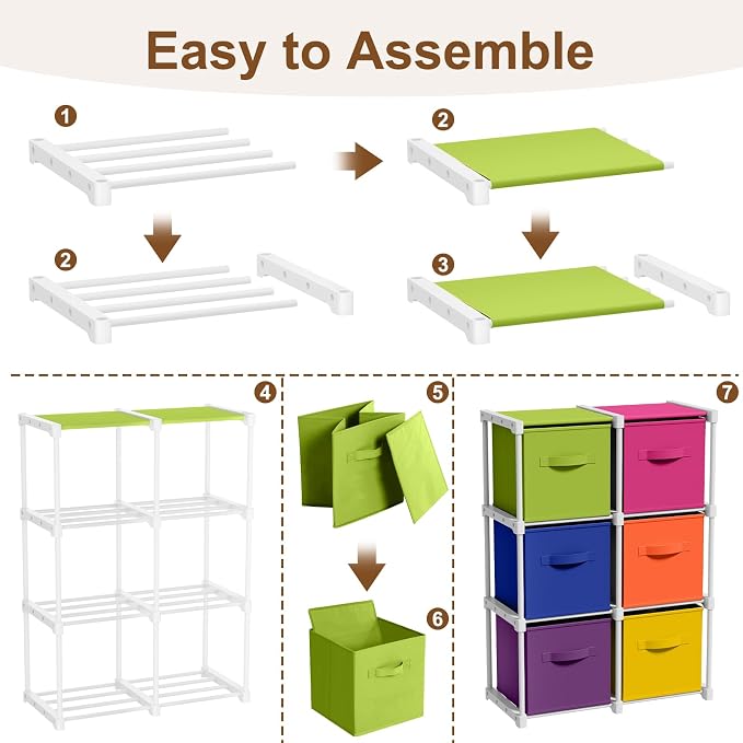 Briwooody 6 Cube Storage Organizer Bins with Shelf, Multicolor | 11x11'', Storage Organizer, Toy Storage Box, Back to School, Dorm Organizer, Fabric Drawers, Playroom Bedroom Storage Cabinet