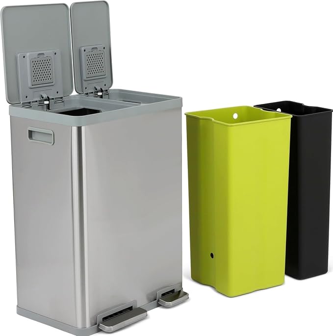 60 Liter / 16 Gallon Rectangular Hands-Free Dual Compartment Recycling Kitchen Step Trash Can with Soft-Close Lid, Brushed Stainless Steel (40L + 20L Capacity)