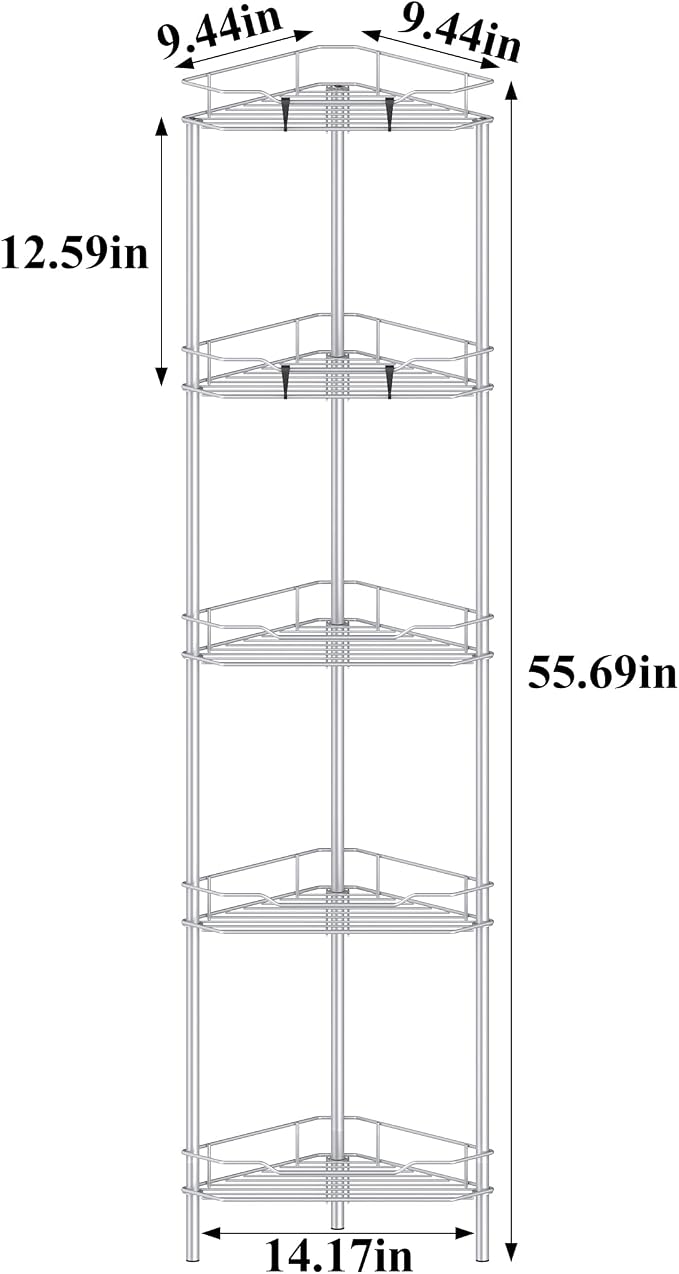 HuggieGems Metal Floor Standing Corner Shower Caddy, Silver, 5 Tier | Adhesive Bathroom Organizer Shelves, Free Standing Shower Rack with Hooks, Hold Large Shampoo Bottles