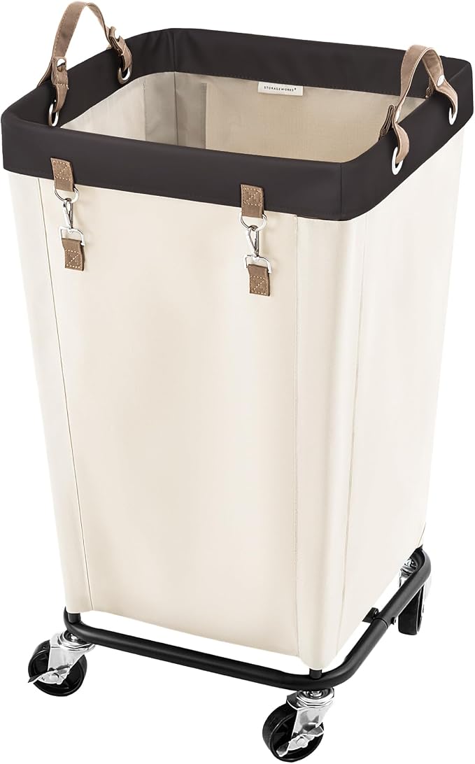 StorageWorks 110L Laundry Basket with Wheels, Rolling Hampers for Clothing | Beige Laundry Basket with Wheels, Metal Frame & Handles, Rolling Hamper for Bedroom, Bathroom, Dorm, Hotel