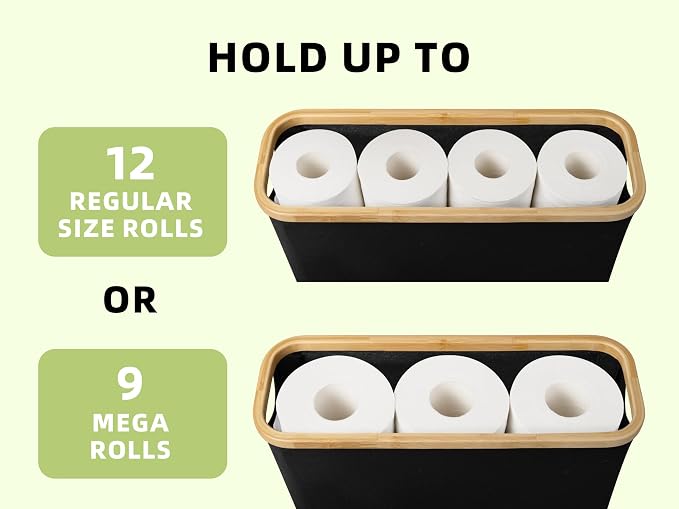 StorageWorks Toilet Paper Storage Basket, Papers Container with Bamboo Lid, Medium Toilets Holder for Up to 9 Mega Rolls, Organizer for Bathroom, Black, 1 Pack | See Rolls at a Glance with Clear Window, Holds 12 Regular or 9 Mega Rolls for Bathroom Toi...