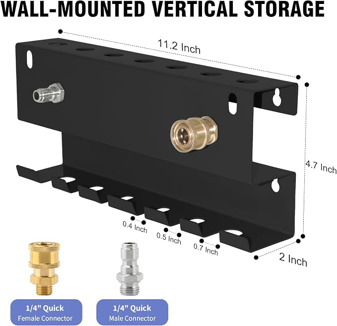 Pressure Washer Gun Holder, Wall Mounted Foam Cannon & Car Wash Accessories Storage Rack for Wand Extension and Nozzle Tips, Fits 1/4" Quick Connector, Black