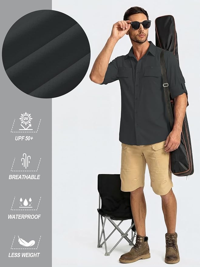 linlon Men's Safari Shirt UV Sun Protection Long Sleeve Hiking Travel | Button Down Mesh Back Vents UPF 50+ Quick Dry Breathable Cool Lightweight Outdoor Travel Fishing Gardening Clothes