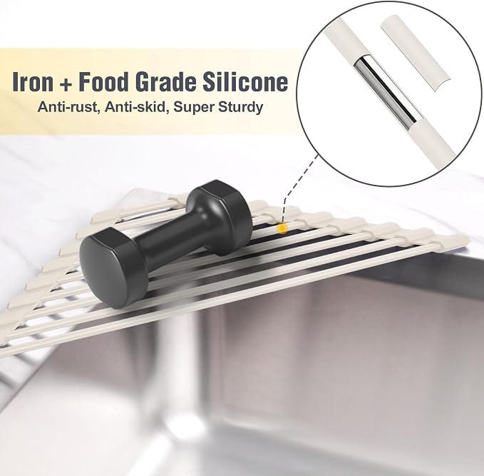 Tomorotec Triangle Roll Up Dish Drying Rack with Silicone Coating, White | 304 Stainless Steel with BPA-Free Silicone, Triangle Design Maximizes Sink Corner Space, Fits Compact Kitchens And RVs