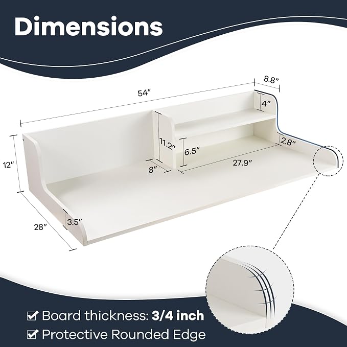Washer Dryer Countertop 2 Tier 54 inches Wide, Laundry Shelf Topper with Edge, 54" W x 28" D x 12" H Laundry Space Organizer, White
