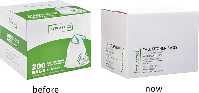 TYPLASTICS Tall Kitchen Drawstring Trash Bags 13 Gallon (200 Count) | 24in x 27in, Unscented