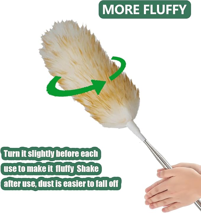 Lambswool Feather Duster with Extension Pole up to 97inch,Extendable Feather Duster Used for Cleaning High Ceiling Fan, High Ceilings,Furniture,Hard to Reach Areas