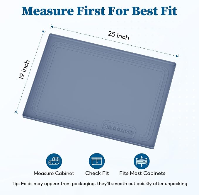 Aisslro Waterproof Under Sink Mat 25"x19", Silicone Mat, Dark Blue | BPA-Free Shelf Liner, Raised Edge Traps Spills & Leaks, Bathroom, Kitchen Cabinet, for Boots, Pets, Home Essentials Organizer