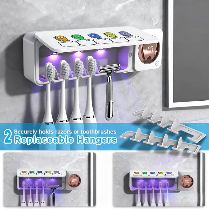 Toothbrush Holders Wall Mounted Name Labels No Drill for Family & Bathrooms | 5 name slots wall mount toothbrush holders, strong adhesive, fits electric/manual, 30-day bat, stops when open, HD display