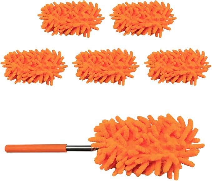 6PCS Microfiber Duster for Cleaning, Washable Chenille Hand Dusters with Extendable Telescoping Pole, Mini Car Interior Dusting Brush Tool for Auto Dash, Home, Office, Blinds(Orange)