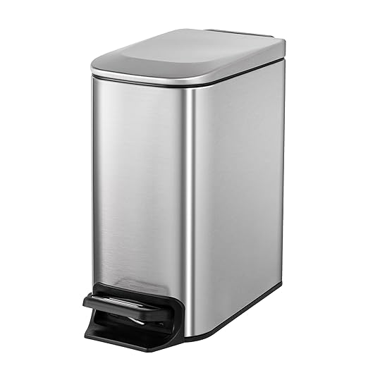 Cesun Small Bathroom Trash Can with Lid, 1.6 Gal, Soft Close, Sliver | Step pedal soft close, Slim 5.9in fits narrow spaces, Stainless steel, Anti-fingerprint, Removable inner bucket, Odor seal