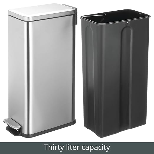 mDesign Slim Metal Rectangle 7.9 Gallon Trash Can with Step Pedal, Easy-Close Lid, Removable Liner - Narrow Wastebasket Garbage Container Bin for Bathroom, Bedroom, Kitchen, Office - Brushed Chrome