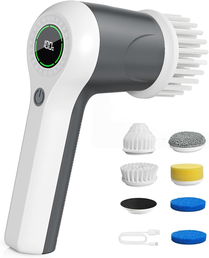 PUFTEM Electric Spin Scrubber, Cordless Shower Scrubber, Gray | Battery Level Display, Dual Speed, 6 Replaceable Brush Heads, IPX7 Waterproof, Long Runtime, Tub, Tile & Sink Cleaning
