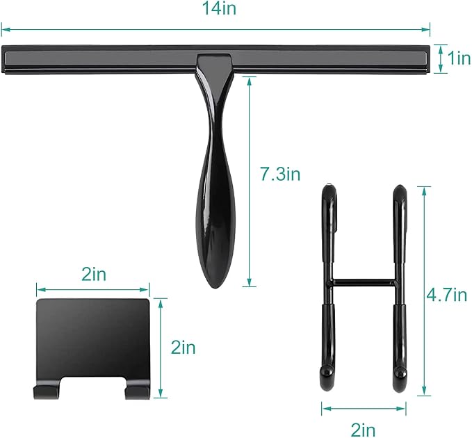 Shower Squeegee for Glass Doors,14-Inch Shower Glass Squeegee, Matte Black Shower Squeegee for Shower Doors,Mirror,Windows, with Shower Door Hook and Adhesive Hook