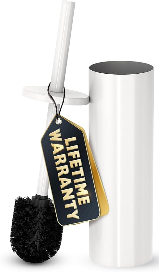 Stainless Steel Toilet Brush and Holder Set, Splash Guard (White) | White Toilet Bowl Brush and Holder Set, Removable Bowl, Dense Bristles, Long Handle, Scratch Resistant, for Modern Bathrooms