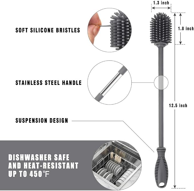 Silicone Bottle Brush with Long Handle, 12.5" Bottle Cleaning Brush, Gray | Water Bottle Cleaner for Baby Bottles, Hydro Flask, Sports Bottle, Vase, Glassware, for Smaller Diameter Bottle Openings